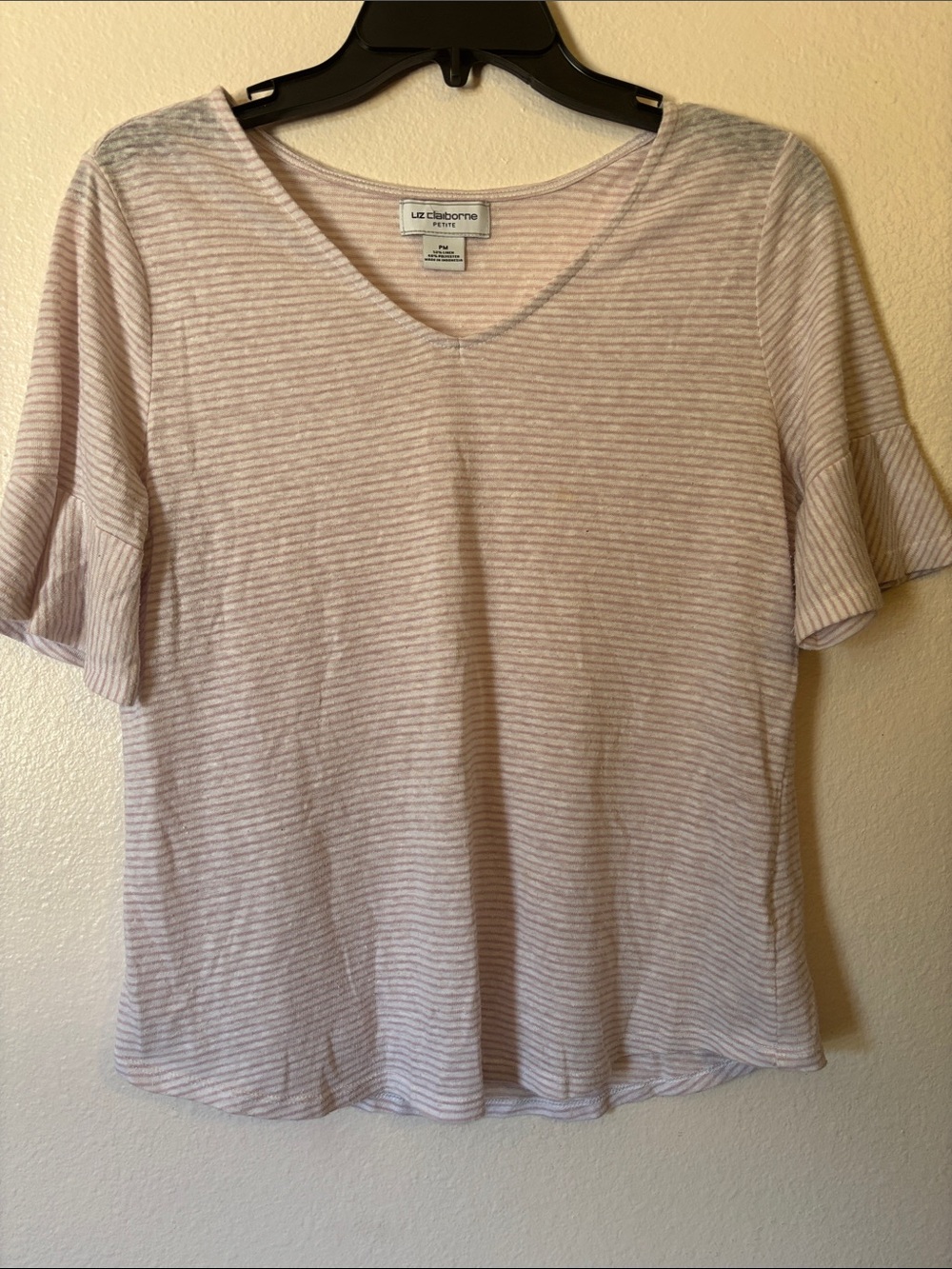 Liz Claiborne Petite PM Striped V-Neck Flutter Sleeve Tee Shirt Pink White